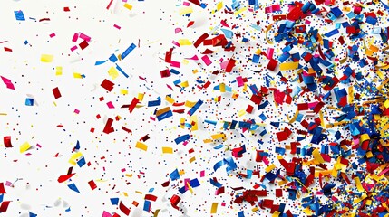 Fototapeta premium Clean white wall with a burst of red blue and yellow confetti creating a fun design