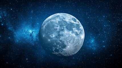 Detailed moon in vast space, surrounded by a blue nebula and shining stars, showcasing cosmic beauty.