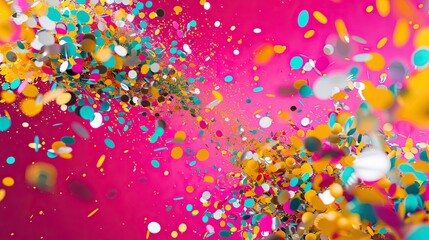 Bright magenta backdrop with cyan and yellow confetti offering a playful festive touch