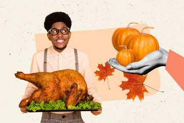 Sketch image trend collage of autumn season happy thanksgiving day feast young man hand hold tasty turkey dinner give pumpkin banquet