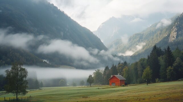 In the foreground is an alpine valley with rolling hills and foggy mountains in the background