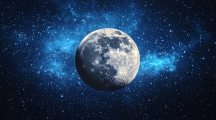 Detailed moon in vast space, surrounded by a blue nebula and shining stars, showcasing cosmic beauty.