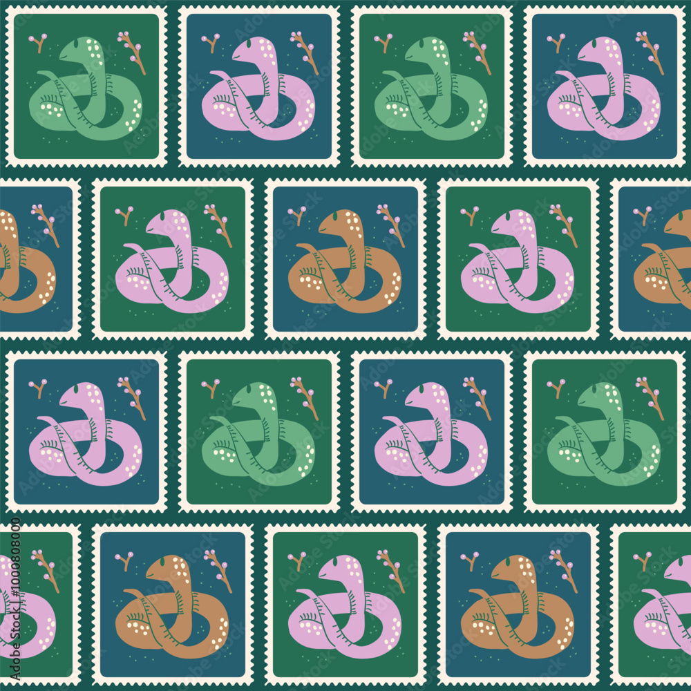 Poster snakes quilted seamless pattern. reptiles patchwork repeat background. animal surface pattern design