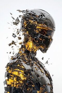 A futuristic robot figure disintegrates into shards, leaving behind a glowing core.