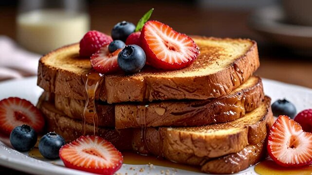 stack of tasty toast with fresh fruit and syrup