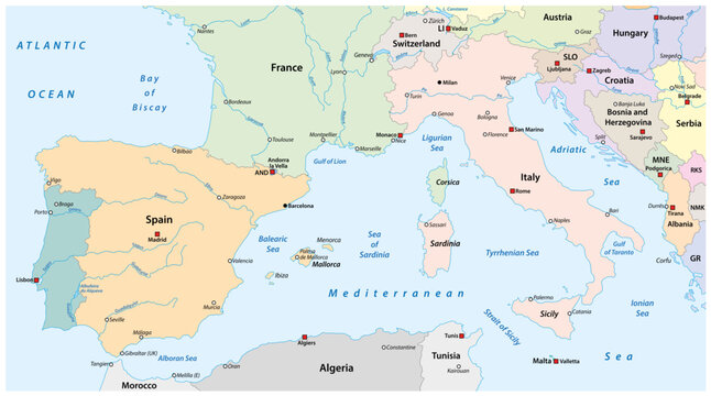 Map of South Europe with the most important cities and rivers