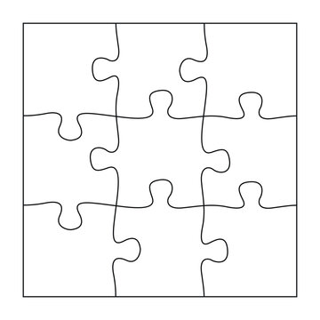 Puzzles grid template. Jigsaw puzzle 9 pieces, thinking game and 3x3 jigsaws detail frame design. Business assemble metaphor or puzzles game challenge vector illustration.