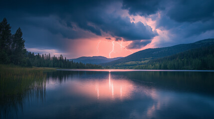 Lightning Over a Mountain Lake at Twilight