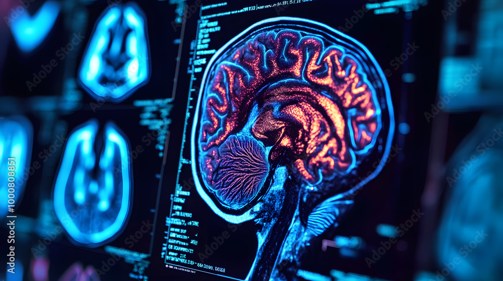 Poster a close-up of a brain scan on a computer screen. the scan shows the structure of the brain in detail