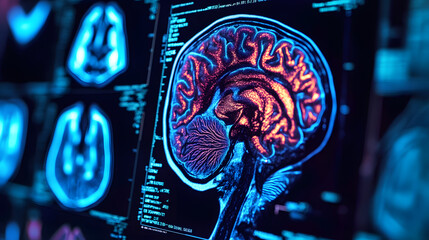 A close-up of a brain scan on a computer screen. The scan shows the structure of the brain in detail.