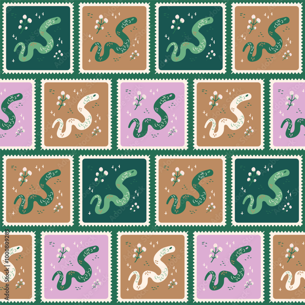 Poster snakes quilted seamless pattern. crawling reptiles patchwork repeat background. animal characters su
