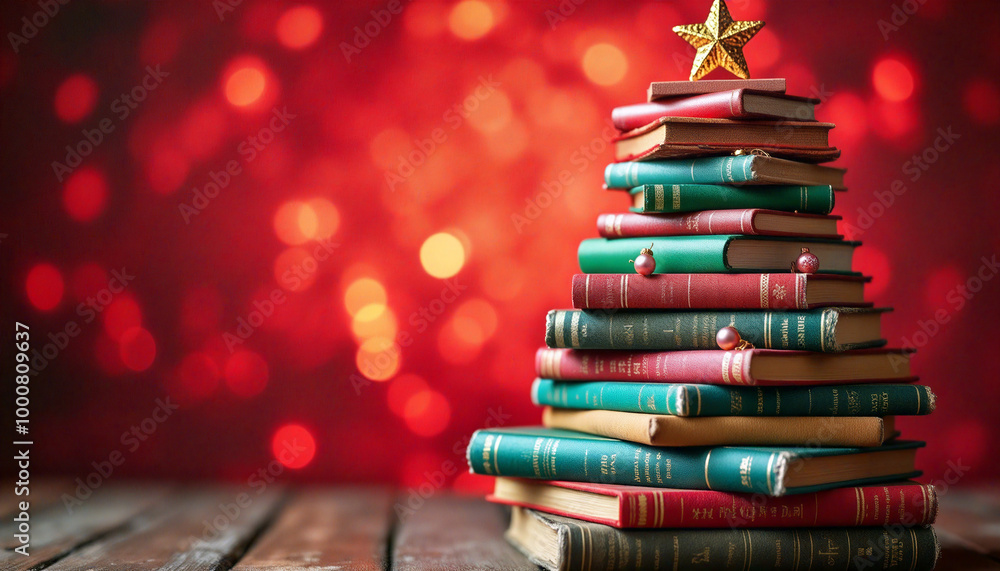 Wall mural stack of old books forming christmas tree with red background