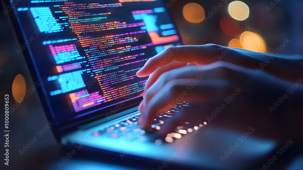 Poster Hands typing on a laptop with colorful code on screen.