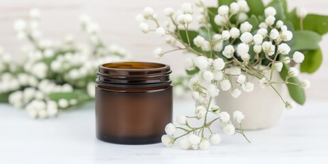 An amber glass jar with the lid removed, surrounded by delicate white flowers on a light background, creating a soft and natural setting, perfect for skincare or beauty product presentation