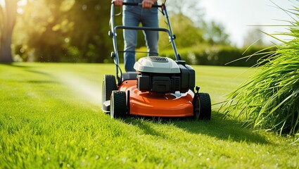 Fototapeta premium Low Angle View of Man Trimming Grass with Electric Cutter in a Sunny Backyard House Maintenance and Leisure Activity During Summer or Spring