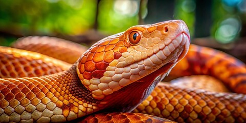 Fototapeta premium Close-up Image of a Copperhead Snake in Natural Habitat Showcasing Its Distinctive Patterns and Colors