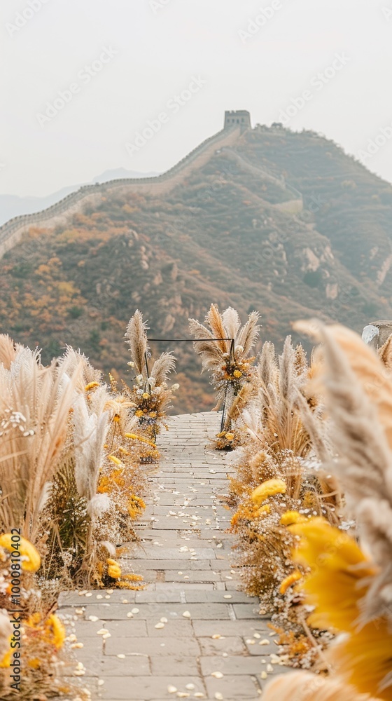 Poster a yellow and brown field with a path leading to a building