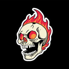 skull with burning fire on the head art illustration hand drawn for stickers logo poster etc
