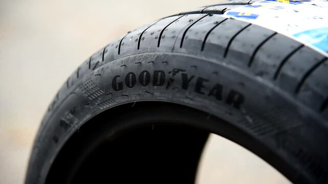 Bangkok,Thailand - 15 Aug, 2024: Closeup focus to Goodyear Eagle F1 sport  tires logo on the tires
