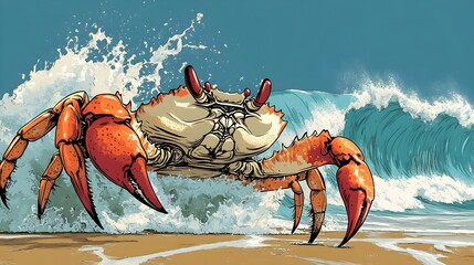 Crab Scrambling Across Beach as Looming Tsunami Wave Approaches in Anime Pop Art