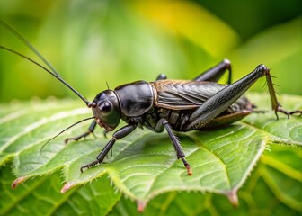 Fototapeta premium Close-up of a Black Field Cricket on a Leaf in Its Natural Habitat with Vibrant Green Background