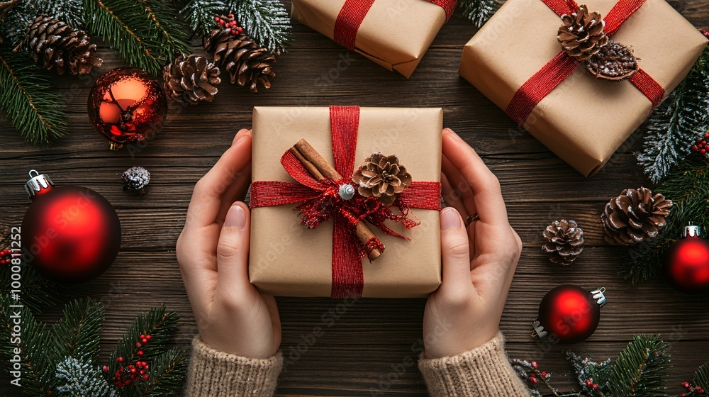 Poster Close-up of hands wrapping gifts with festive paper and ribbons in a homey setting surrounded by holiday decorations Large space for text in center Stock Photo with copy space