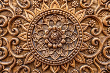 Intricate wood carving with floral design close-up