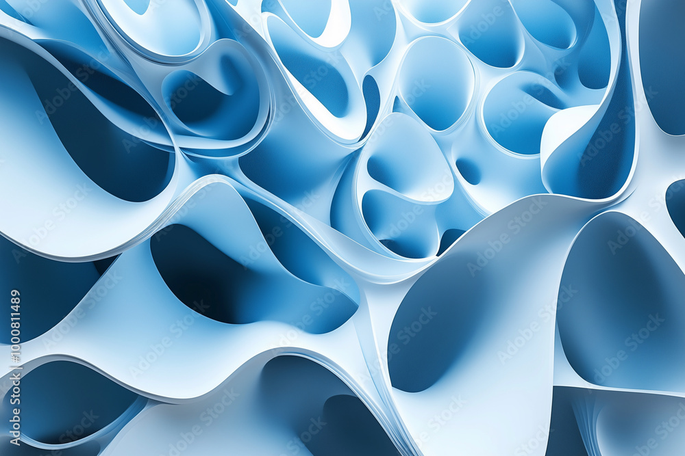 Poster image is a blue and white abstract piece with a lot of holes and curves. it has a feeling of emptine
