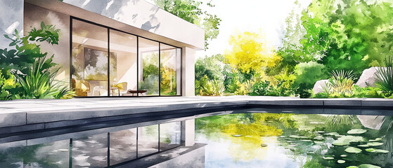 stylish contemporary house with large windows overlooks serene pool surrounded by lush greenery. vibrant colors and reflections create tranquil atmosphere, perfect for relaxation