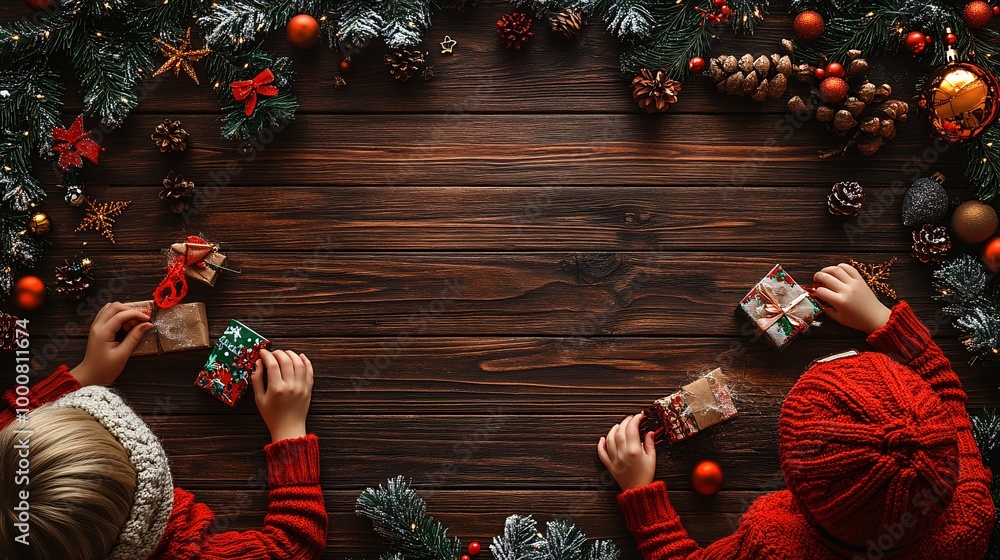 Poster siblings playfully making diy christmas decorations on a wooden table with craft supplies scattered 