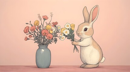 Obraz premium Minimalistic Rabbit Florist Arranging Floral Bouquet in Vase on Soft Pink Background