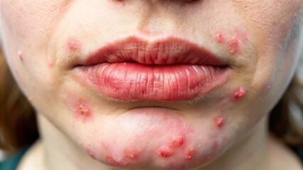Fototapeta premium Close-up of Allergic Reaction on Lips with Bumps and Redness, Skin Irritation and Swelling Visible