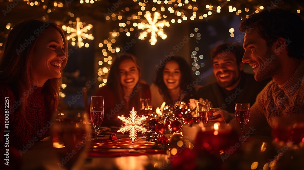 Poster friends gathered around a dining table playing a festive board game and enjoying drinks in a warmly 