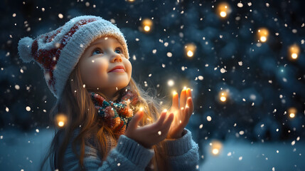Little girl with christmas lights enjoying the holidays outdoors in snowfall. Happy cute child girl playing with Chistmas festive magic lights. digital ai