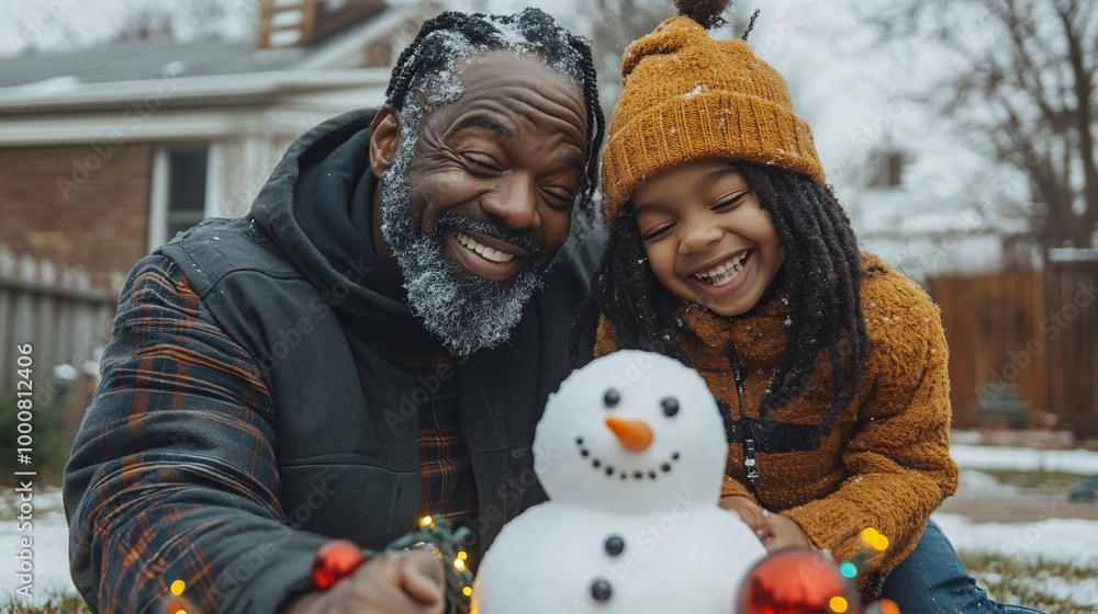Poster father and daughter laughing while building a snowman in the backyard decorated with holiday lights 