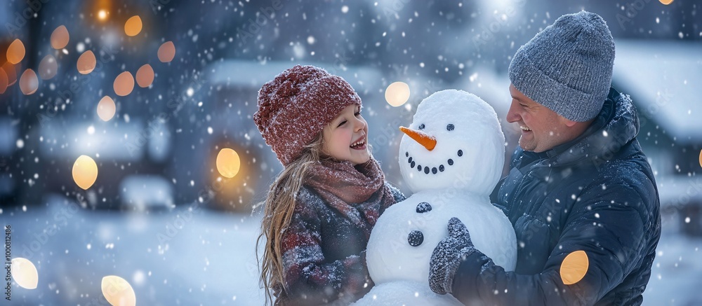 Poster father and daughter laughing while building a snowman in the backyard decorated with holiday lights 