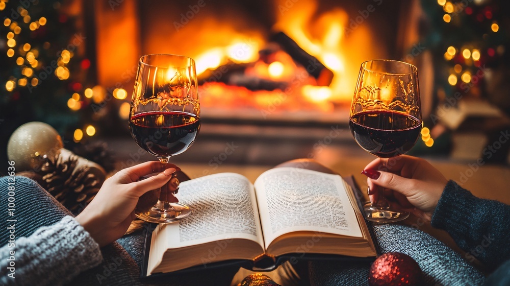 Aufkleber couple enjoying a quiet evening together by the fireplace sipping on mulled wine and reading holiday