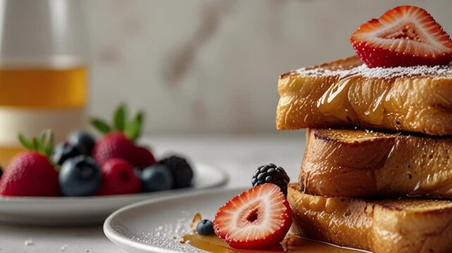 stack of tasty toast with fresh fruit and syrup