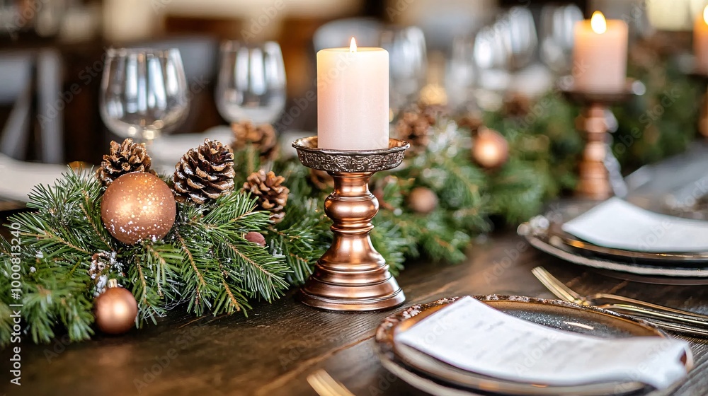 Poster close-up of festive table settings with elegant candles seasonal foliage and a variety of homemade t