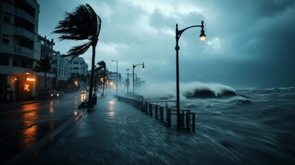 A coastal city being battered by multiple extreme weather events, including hurricanes, flash floods, and powerful winds