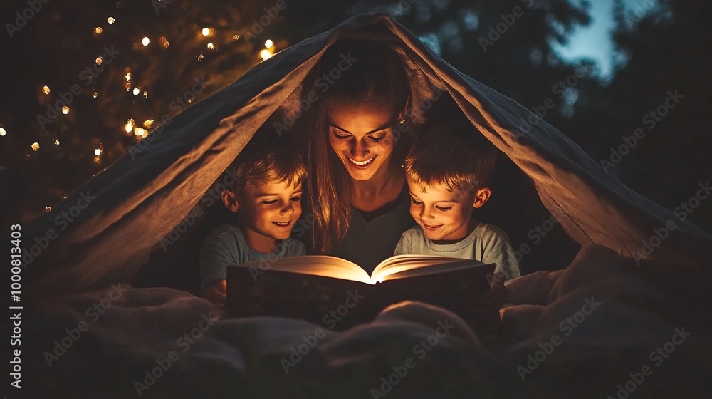 Poster mother reading a holiday storybook to her children under a warm blanket by the christmas tree lights