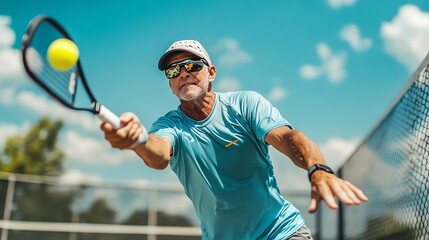 An older man wearing athletic clothing prepares to hit a yellow pickleball.