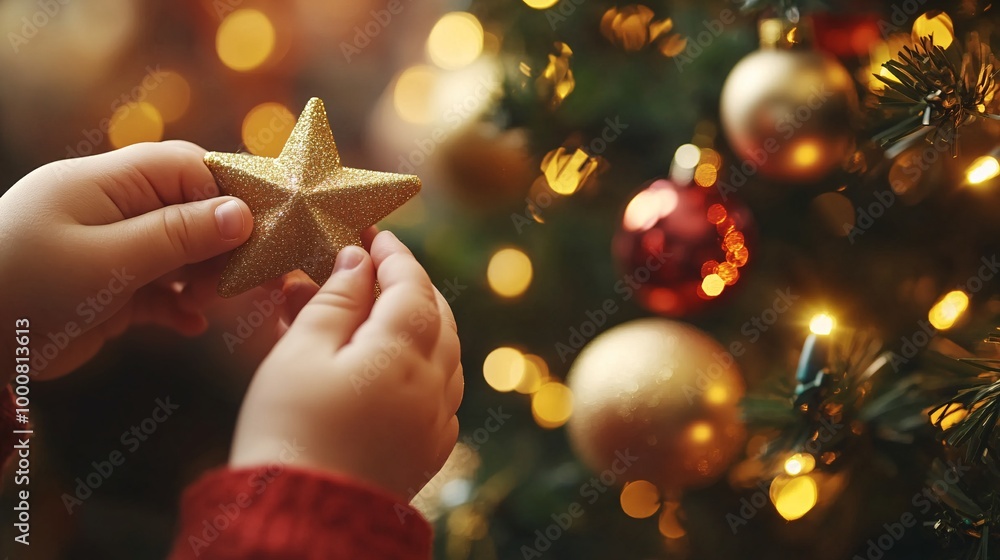 Poster Close-up of a childs hands adding a star topper to a miniature Christmas tree with delicate ornaments Large space for text in center Stock Photo with copy space