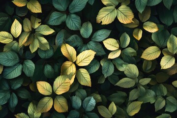 Closeup of green and yellow leaves with intricate details.