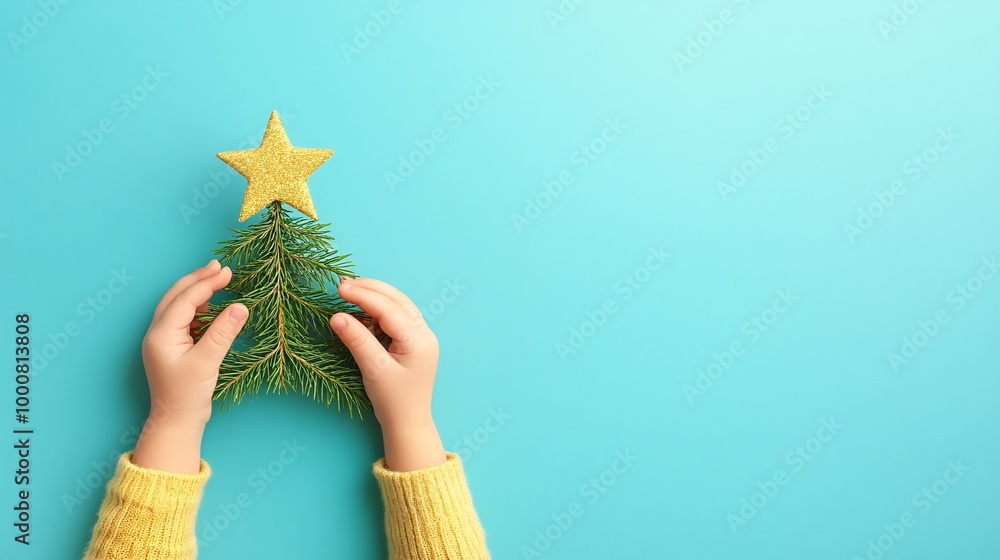 Poster Close-up of a childs hands adding a star topper to a miniature Christmas tree with delicate ornaments Large space for text in center Stock Photo with copy space