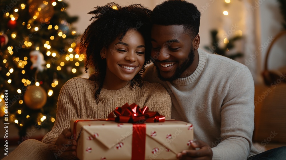 Poster couple sitting on the floor wrapping gifts together surrounded by rolls of wrapping paper and festiv