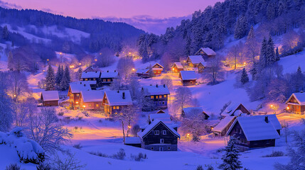 Fototapeta premium Winter Twilight in a Snowy Mountain Village