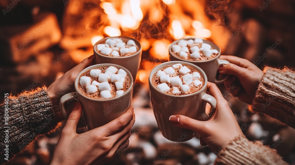 Poster family toasting with mugs of hot cocoa while gathered around a beautifully decorated christmas tree 