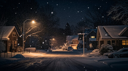 Obraz premium Snowy Night in a Quiet Residential Neighborhood