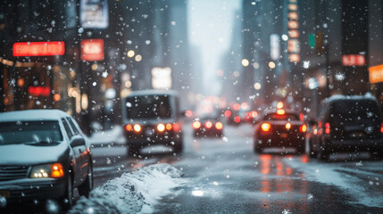 Obraz premium Snowy City Street with Cars and Traffic at Night